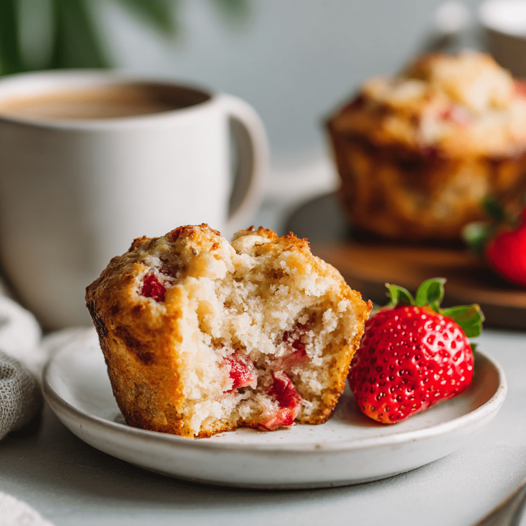 Served sourdough discard strawberry muffin with coffee