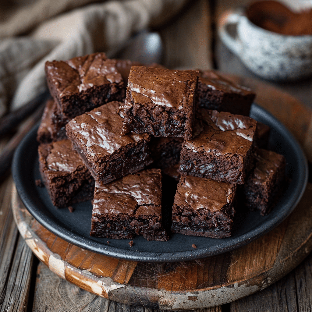 Sourdough discard brownies stacked on matte black ceramic plate with glossy crackled tops