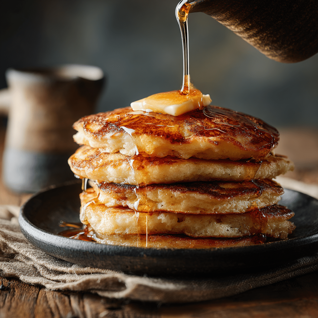 Sourdough Discard Pancakes stacked with syrup drizzle Sourdough Discard Pancakes stacked with syrup drizzle