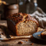 Sourdough discard banana bread loaf sliced on parchment