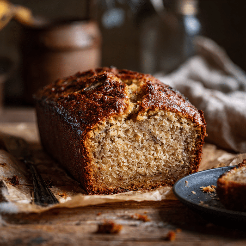 Sourdough discard banana bread loaf sliced on parchment