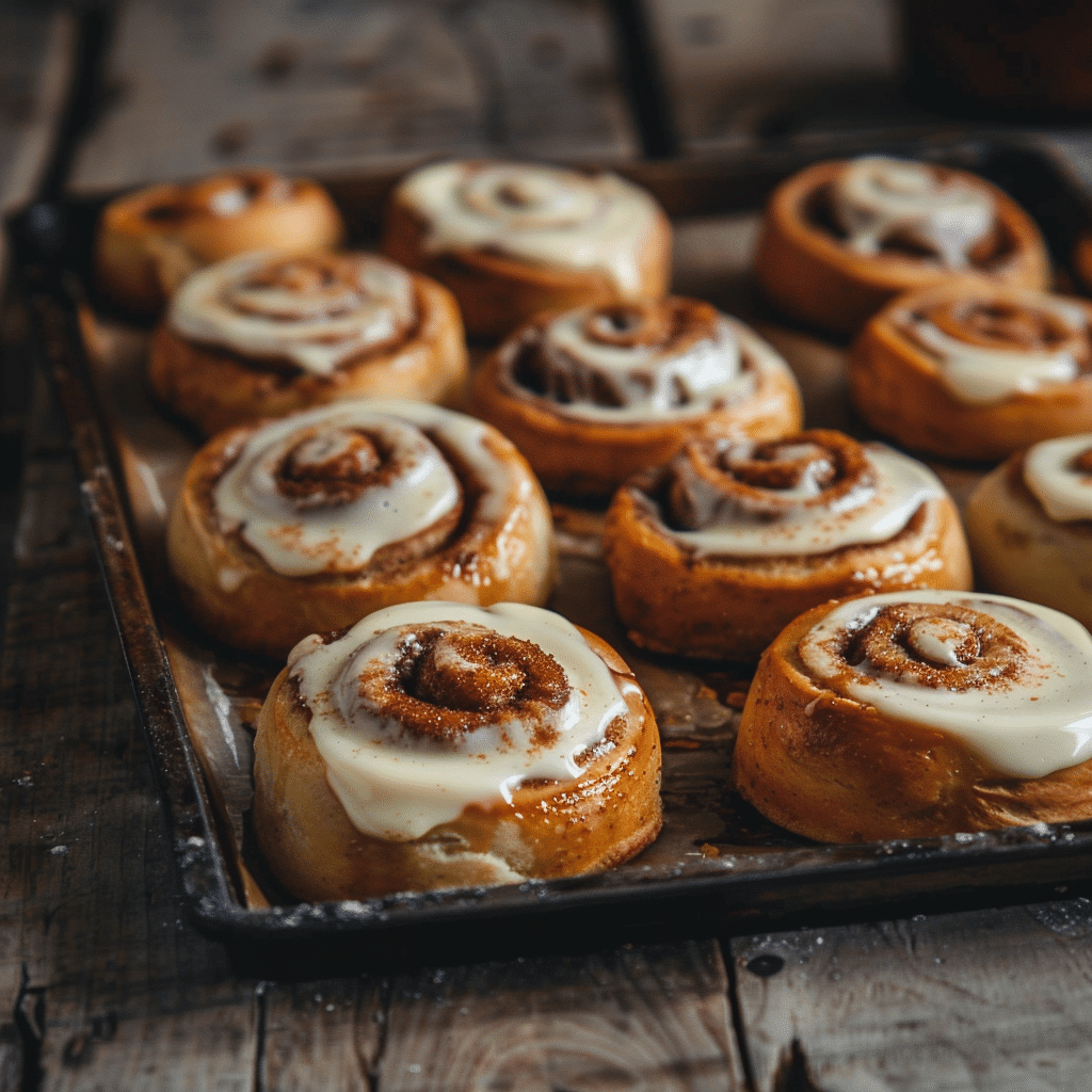 Sourdough discard cinnamon rolls fresh from the oven with creamy frosting