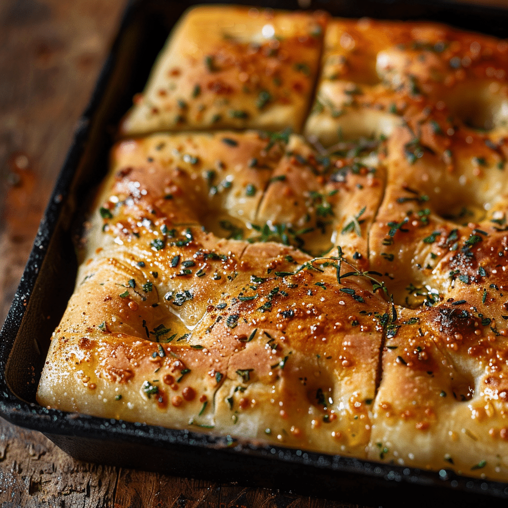 Golden sourdough discard focaccia bread in a rustic pan with dimples and olive oil