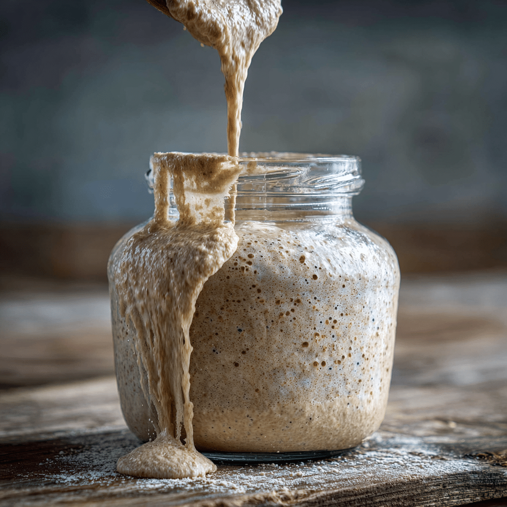 Thick, bubbly sourdough discard being poured from a spoon into a glass jar, illustrating its consistency.