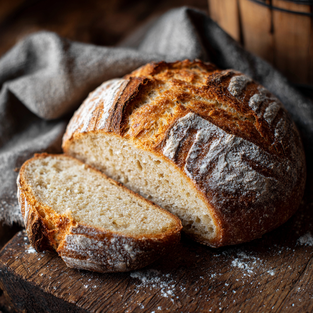 Gluten-free sourdough bread sliced open with golden crust.