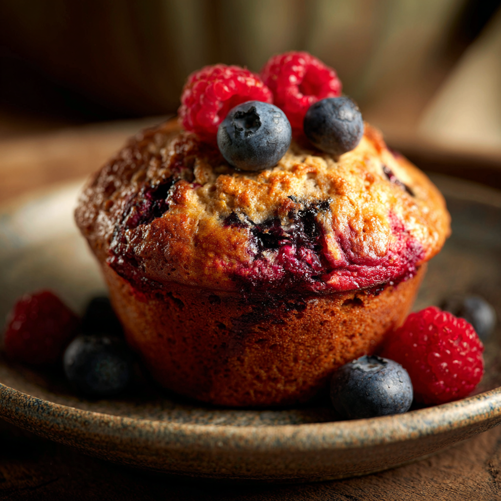 A single moist red berry muffin served on a plate with raspberries and blueberries on top