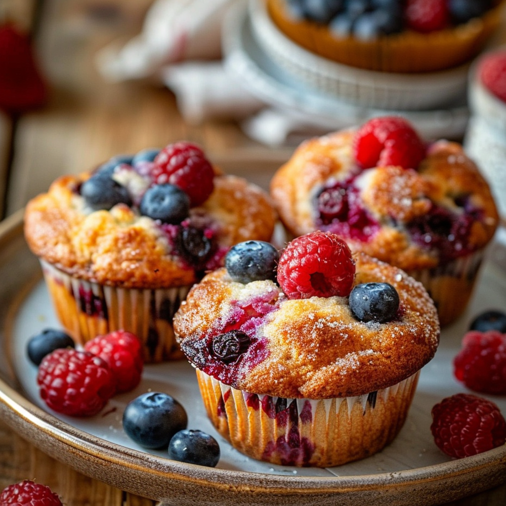 Freshly baked moist red berry muffins topped with blueberries and raspberries on a rustic plate