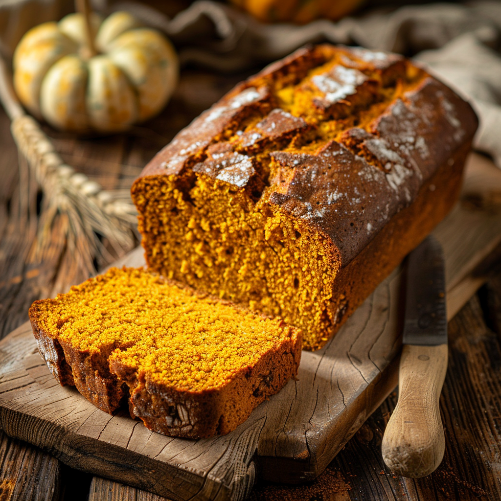 Pumpkin bread loaf with sourdough discard, golden crust, sliced