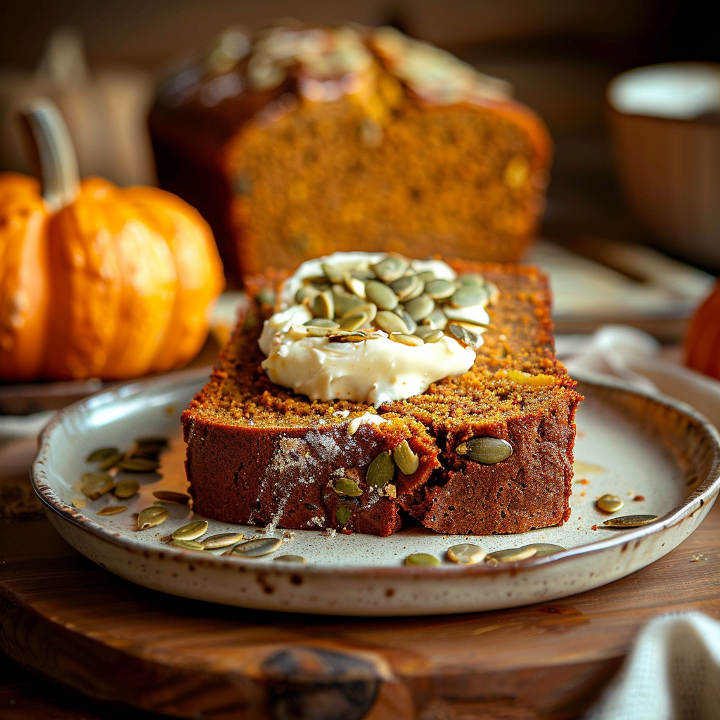 Pumpkin sourdough discard bread slice served with butter and pepitas
