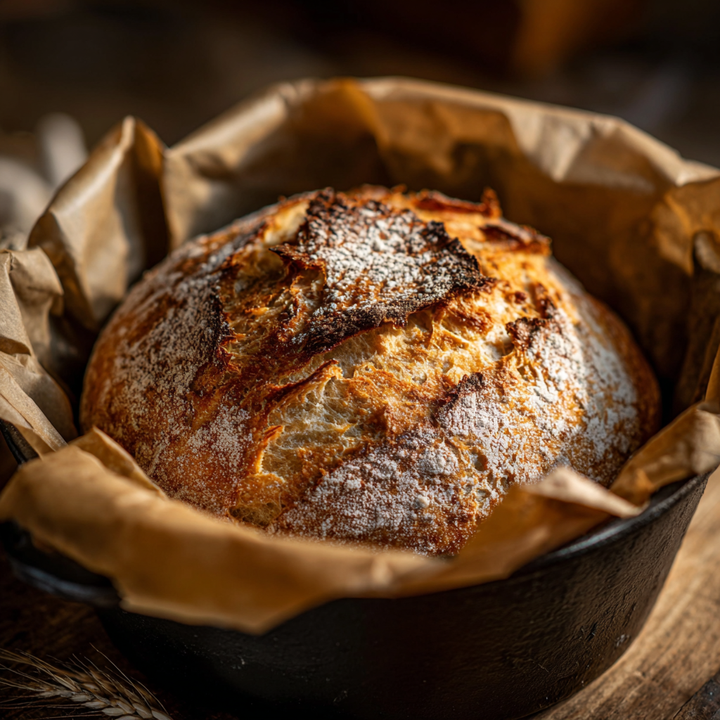 Freshly baked soft and chewy sourdough bread in a Dutch oven with golden crust and rustic finish