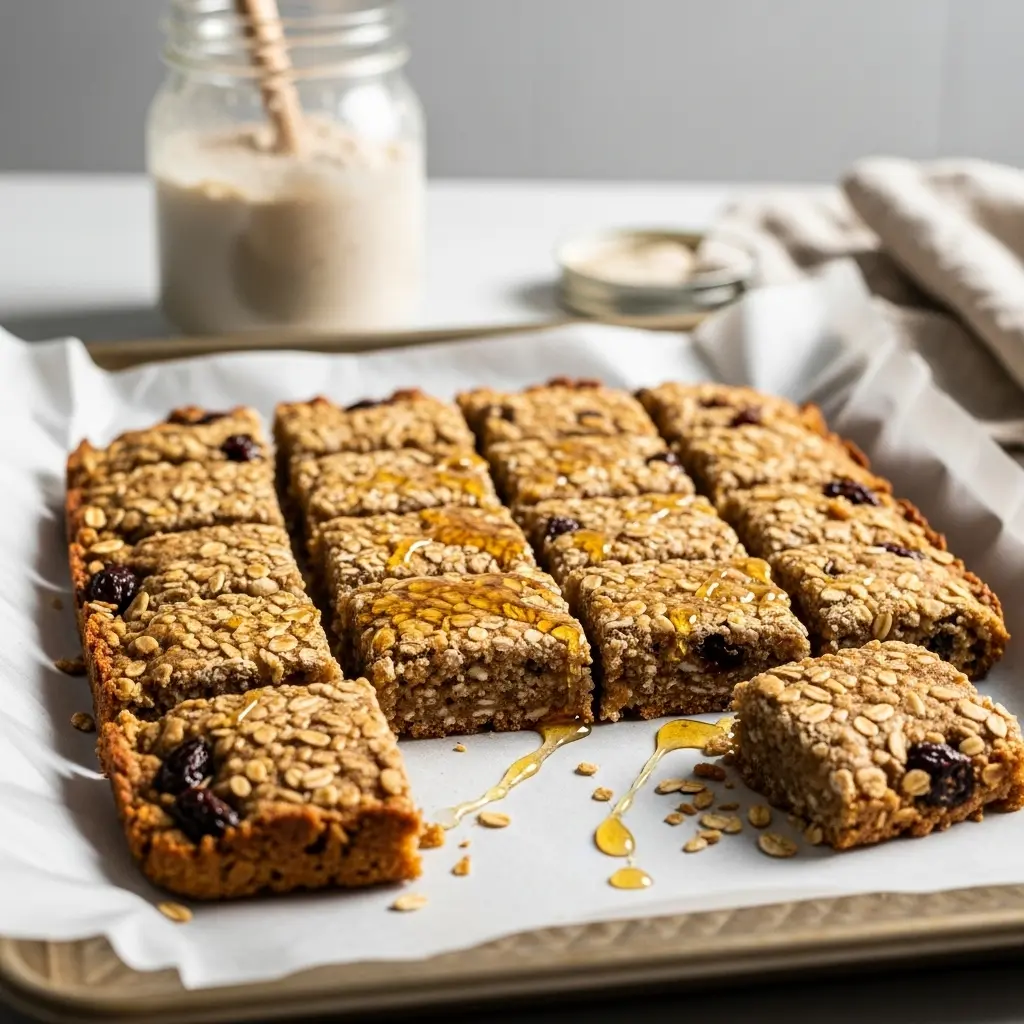 Healthy sourdough discard granola bars on tray, golden and chewy