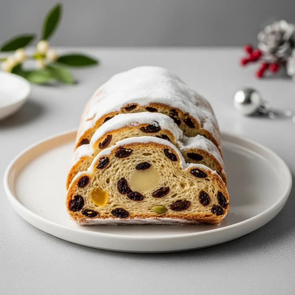 Served slices of German sourdough Christmas bread with butter 