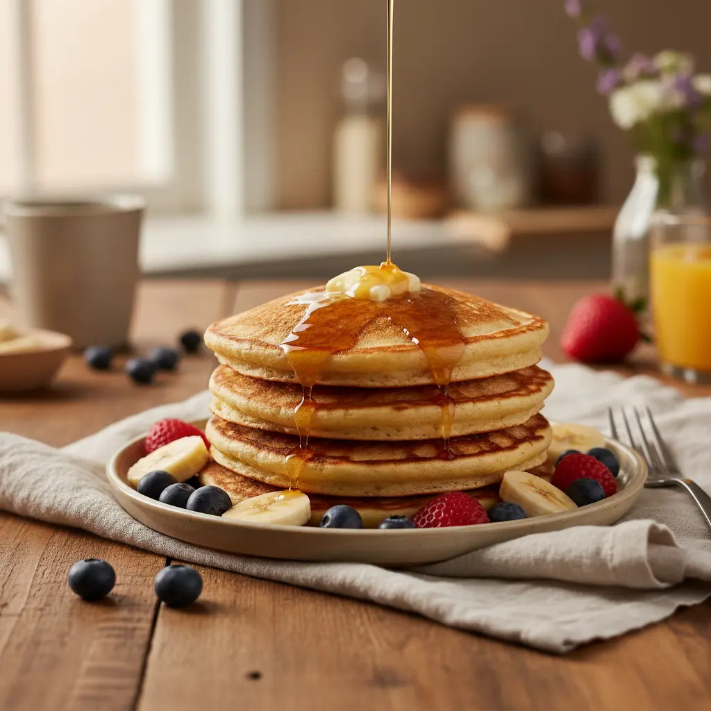 A tall stack of fluffy sourdough discard pancakes topped with butter and maple syrup, served on a rustic plate in warm morning light.