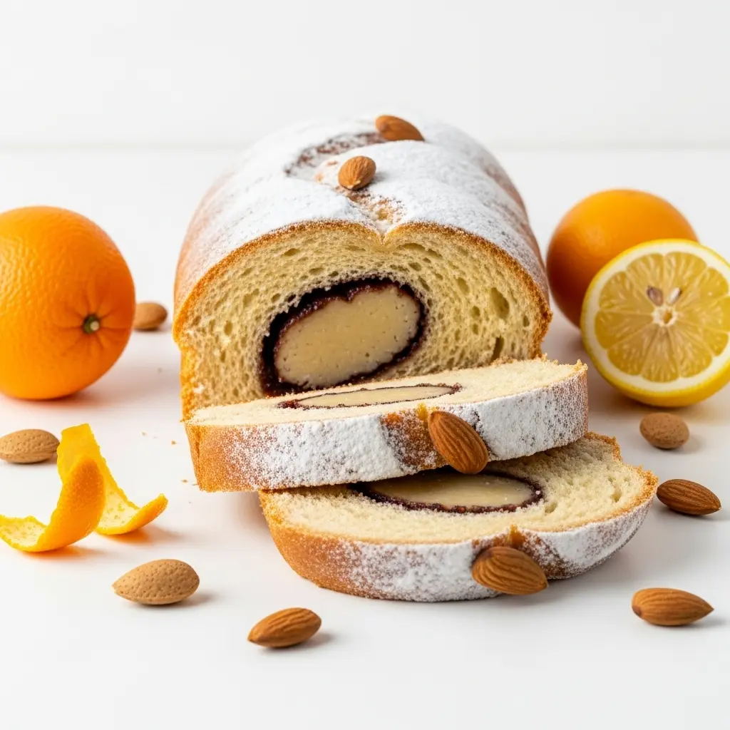 German sourdough Christmas bread sliced on a holiday table