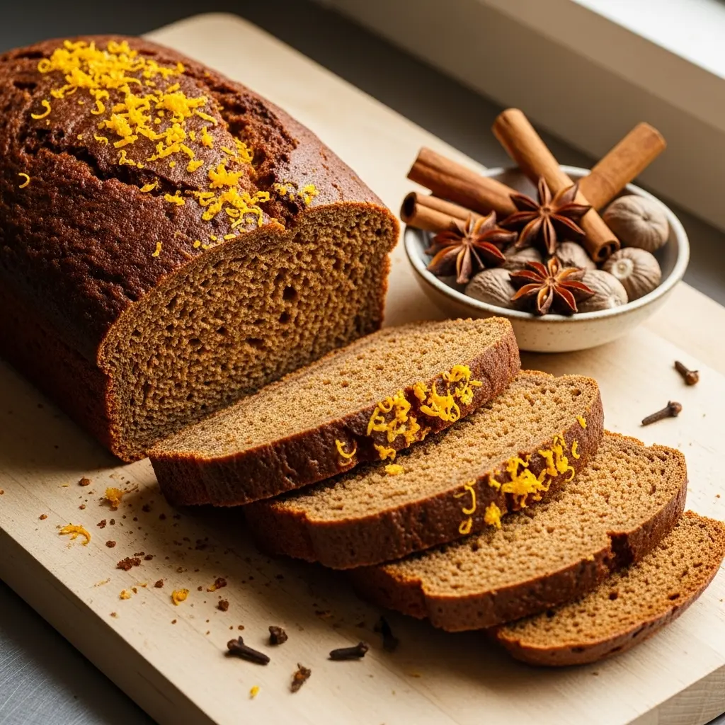 Sourdough gingerbread loaf sliced to show ultra-moist crumb