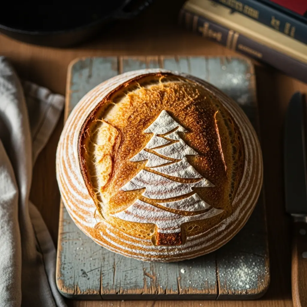 Sourdough Christmas scoring loaf decorated with tree design
