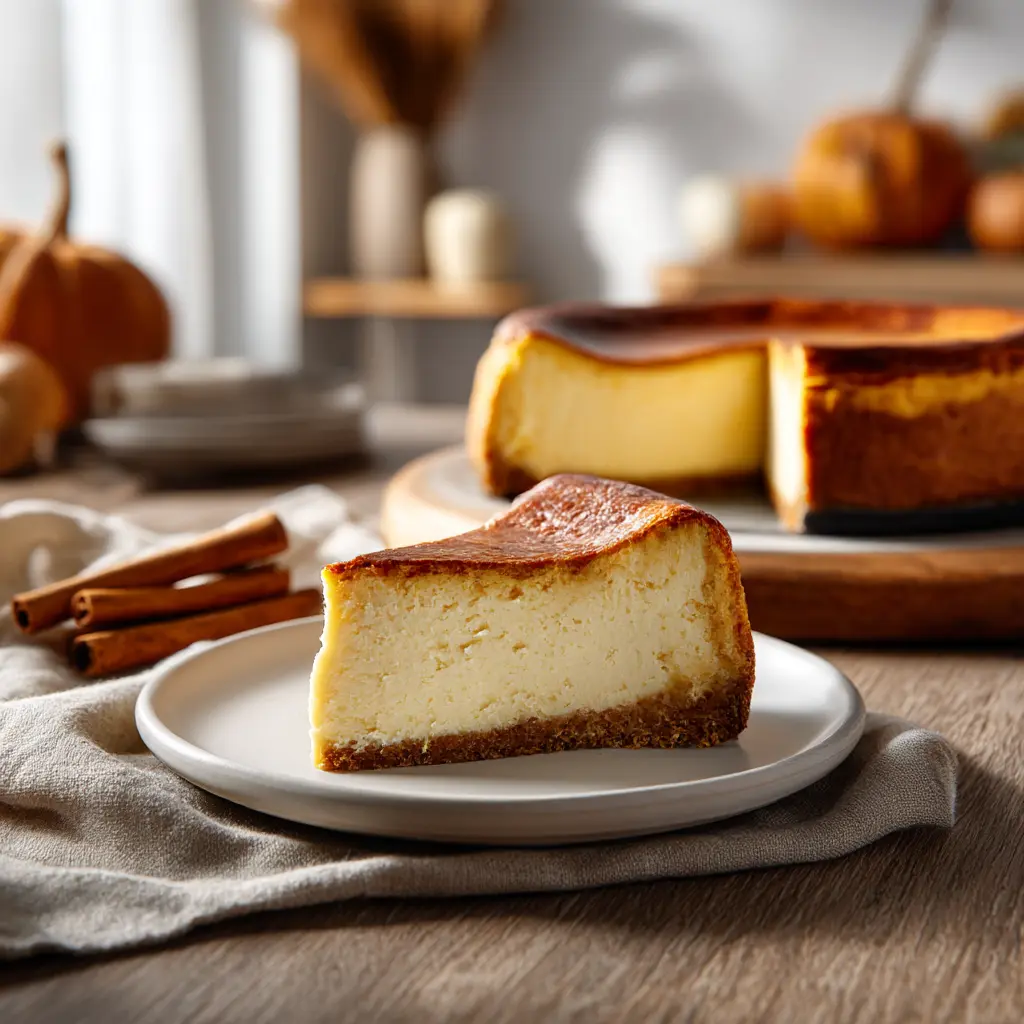 Traditional Pumpkin Cheesecake featured dish plated