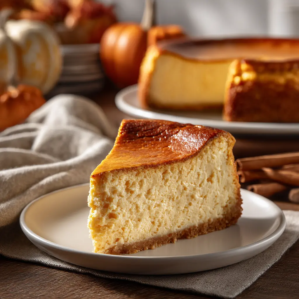 Traditional Pumpkin Cheesecake featured dish plated