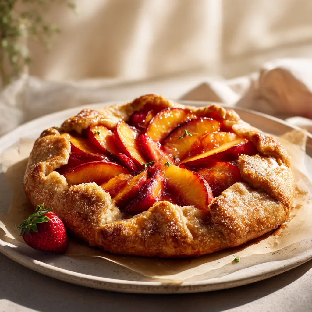 dxn1121_Ultra-realistic_food_photography_of_a_sweet_sourdough_3abc238c-c316-436a-83cb-57d457e541d4_1 Sweet Sourdough Galette with Fresh Peaches & Strawberries featured dish plated
