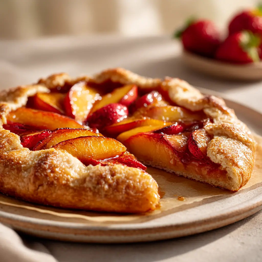 Sweet Sourdough Galette with Fresh Peaches & Strawberries featured dish plated