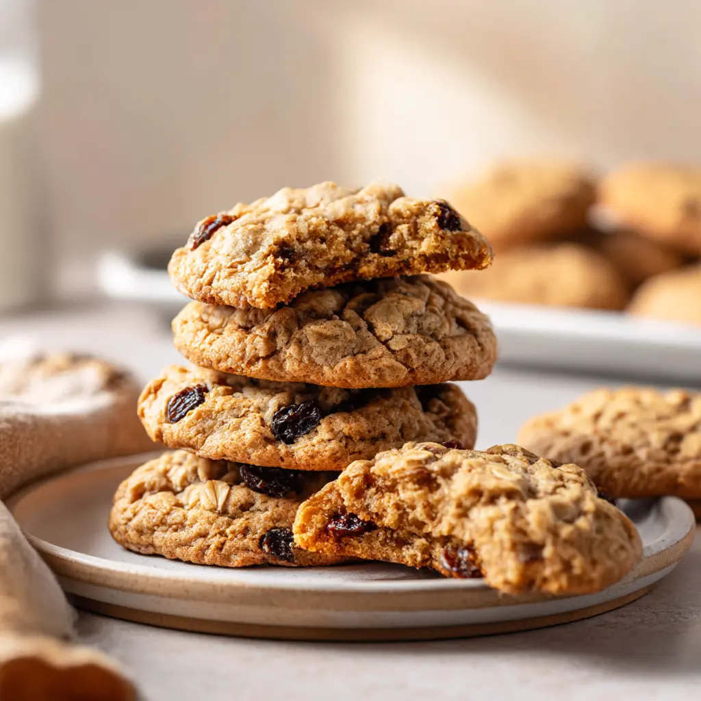 Soft &amp; Chewy Sourdough Oatmeal Raisin Cookies featured dish plated