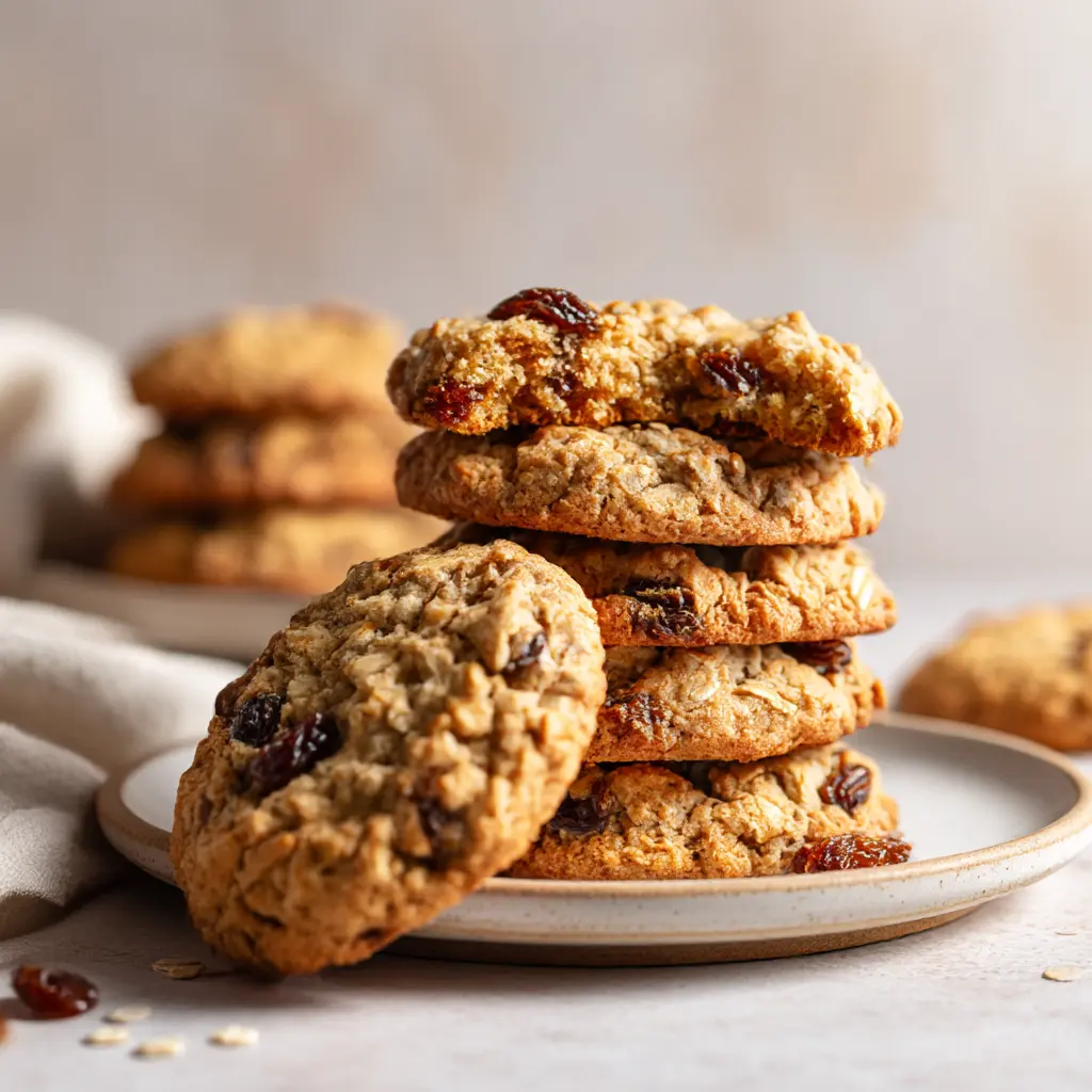 Soft &amp; Chewy Sourdough Oatmeal Raisin Cookies featured dish plated