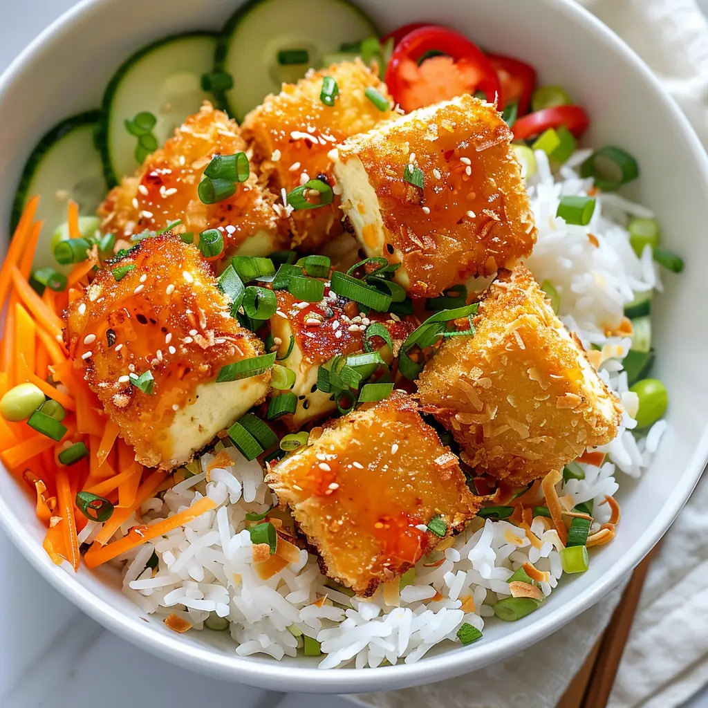 Crispy Coconut Crusted Tofu Bowl Recipe featured dish plated