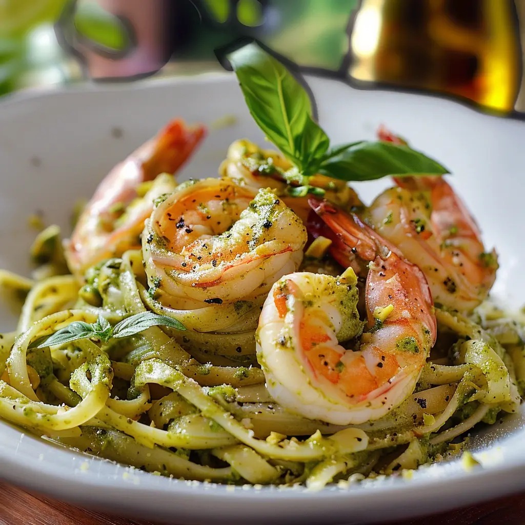 Easy &amp; Creamy Pistachio Pesto Pasta with Shrimp featured dish plated