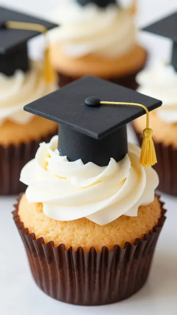 Closeup of a graduation cupcake with a tiny cap topper