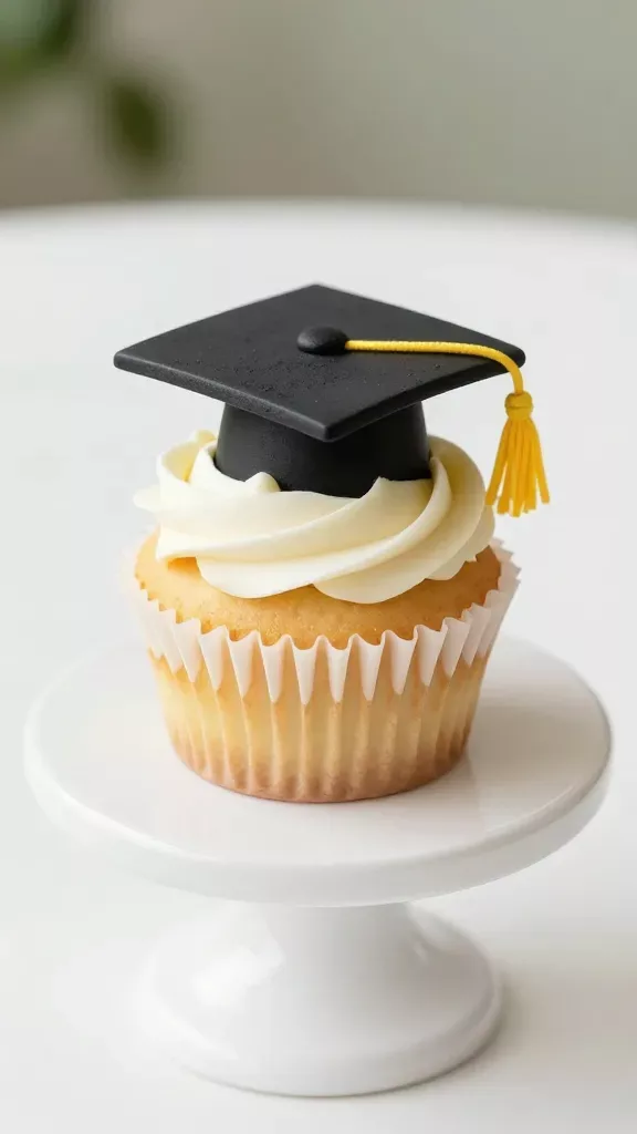 Closeup of a single school-color graduation cupcake on a white pedestal