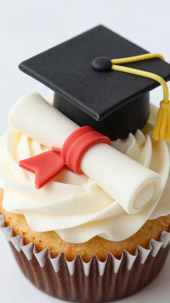 Closeup of a graduation cupcake with a major-themed edible fondant diploma