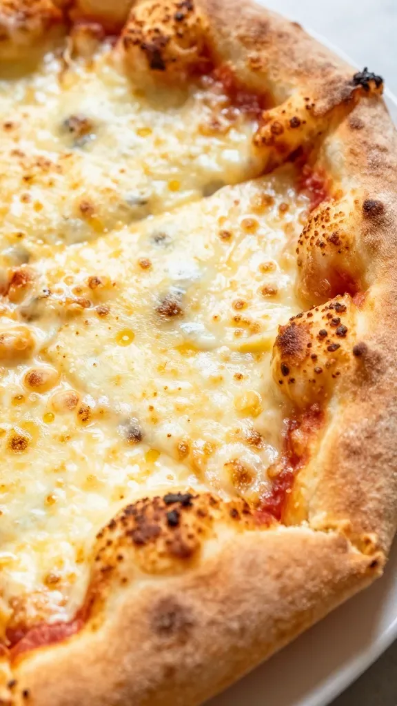 closeup of melted cheese and tangy crust edge on breakfast pizza slice