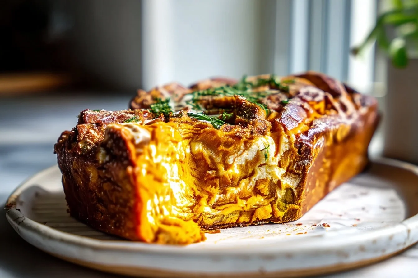 golden slice of sourdough pumpkin cheesecake bread with crackly crust and creamy swirls on a white plate
