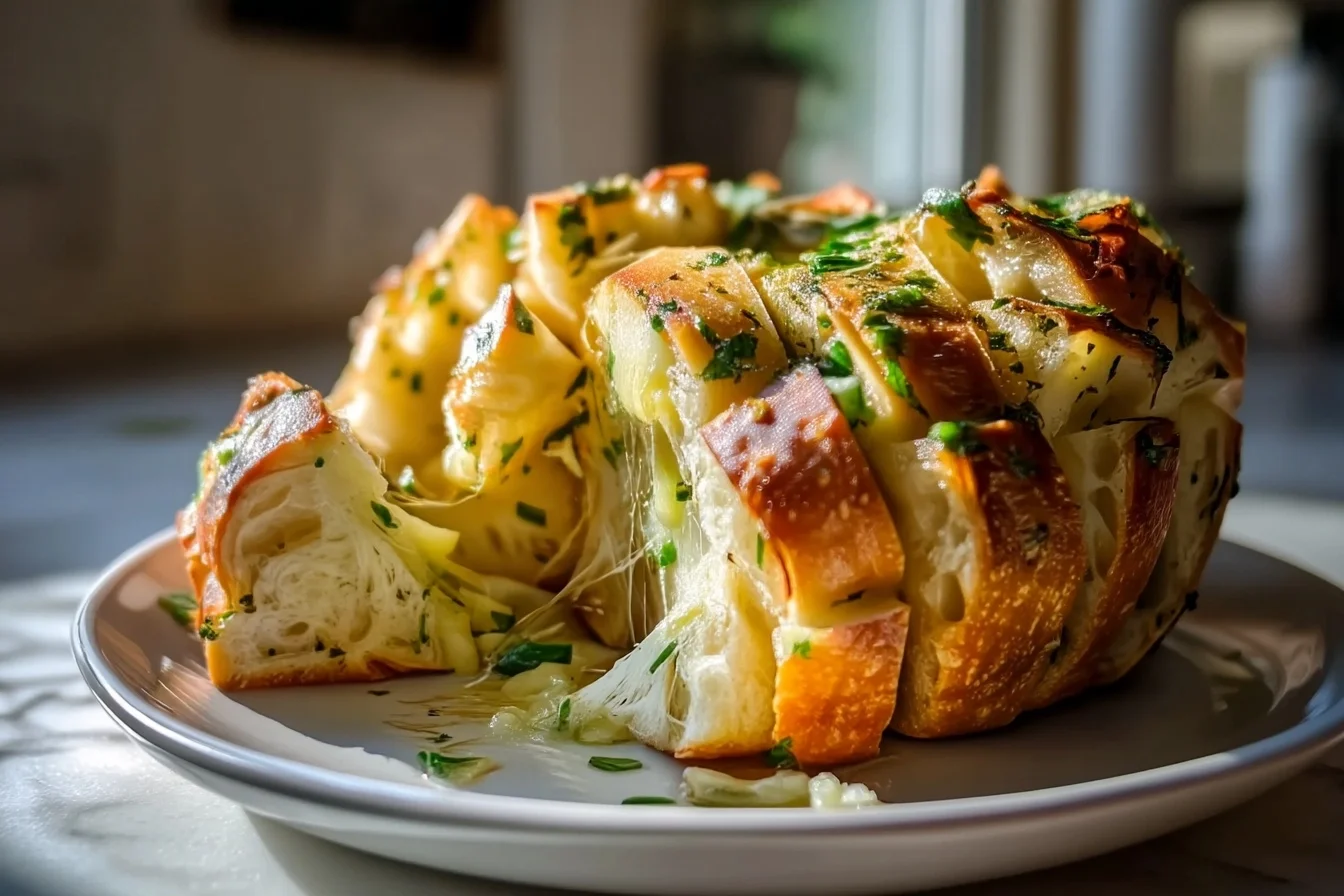 crispy sourdough garlic herb pull apart bread with melted cheese and golden crust, fresh herbs on top, served warm