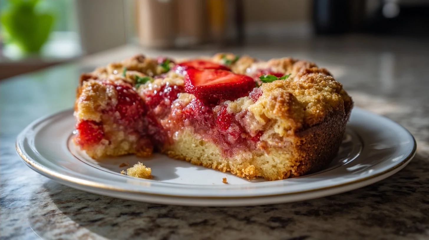homemade sourdough strawberry crunch cake with golden crust, fresh strawberries, and a glossy finish