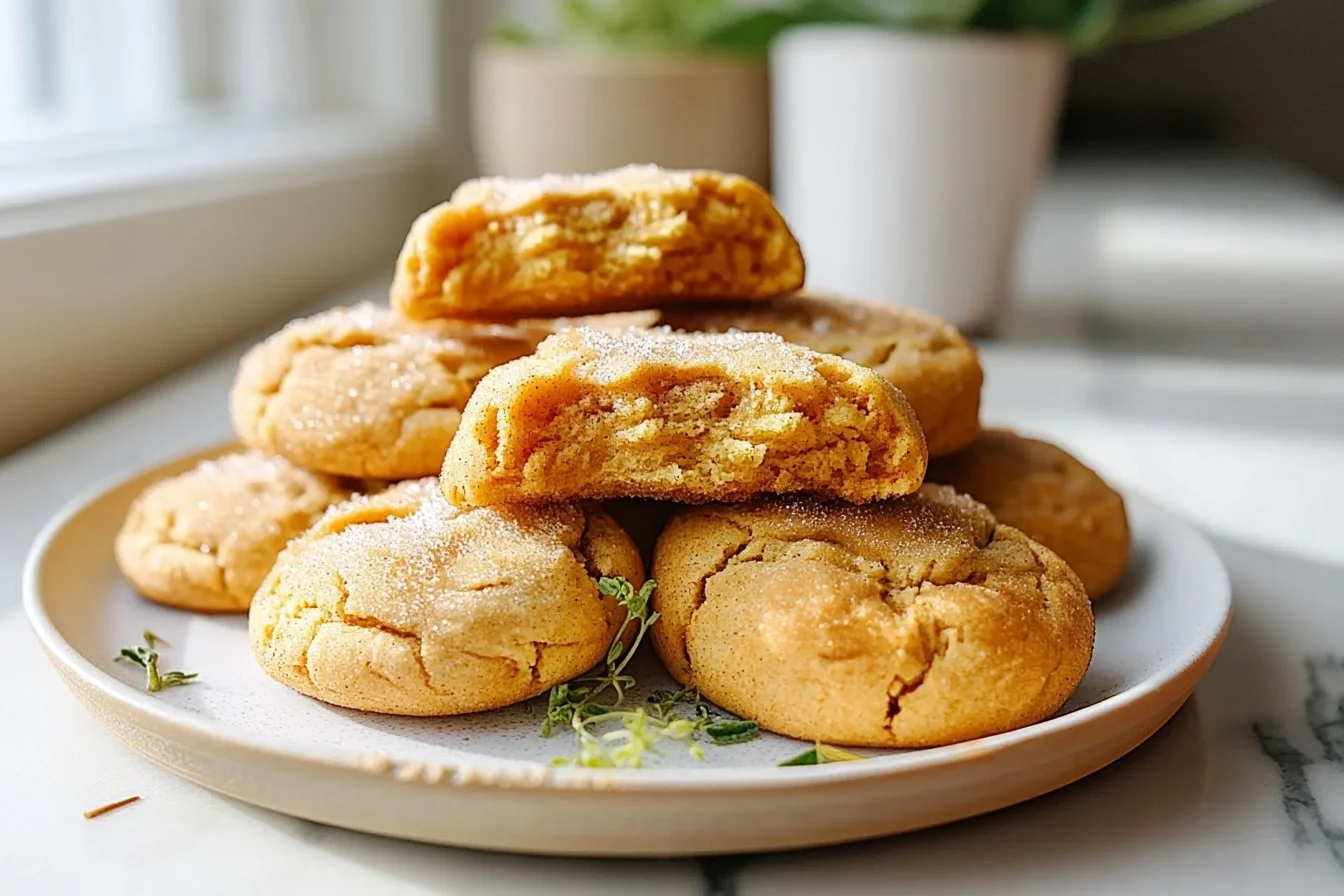 golden brown sourdough snickerdoodles with cracked tops on a white plate, cinnamon sugar sparkling in sunlight