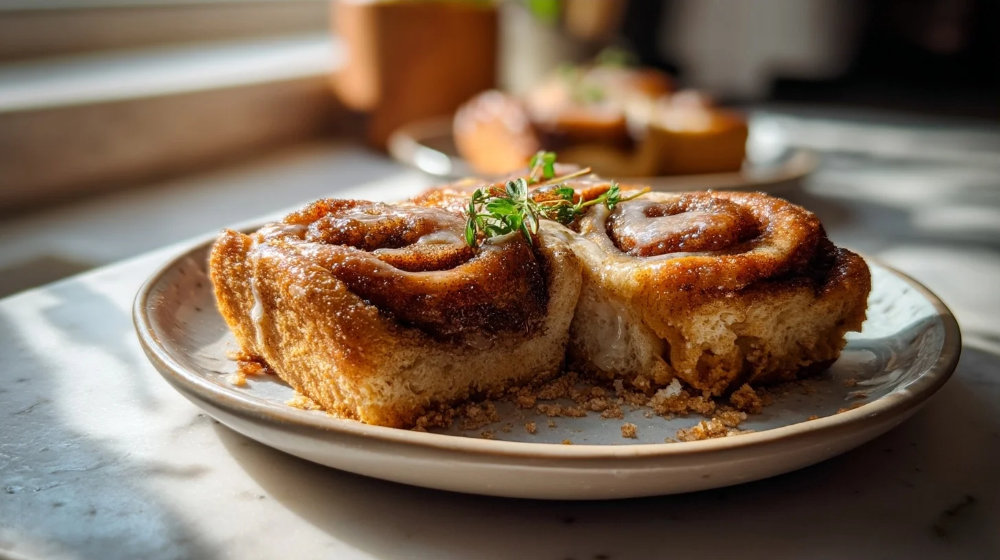 Freshly baked sourdough cinnamon roll blondies with gooey cinnamon swirls and golden edges on a white plate