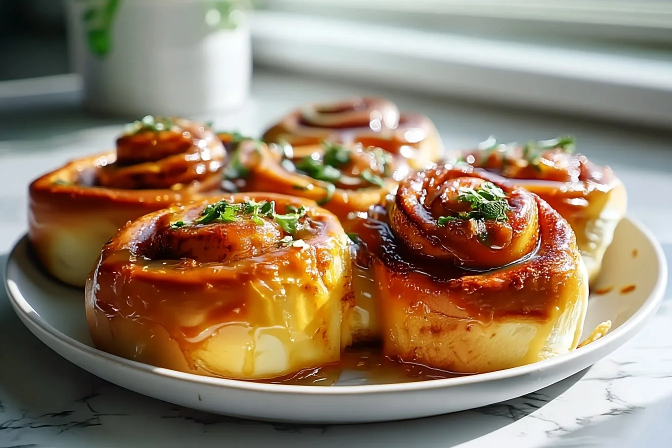 warm sourdough maple cinnamon rolls with golden crust, melting butter, and fresh fruit garnish